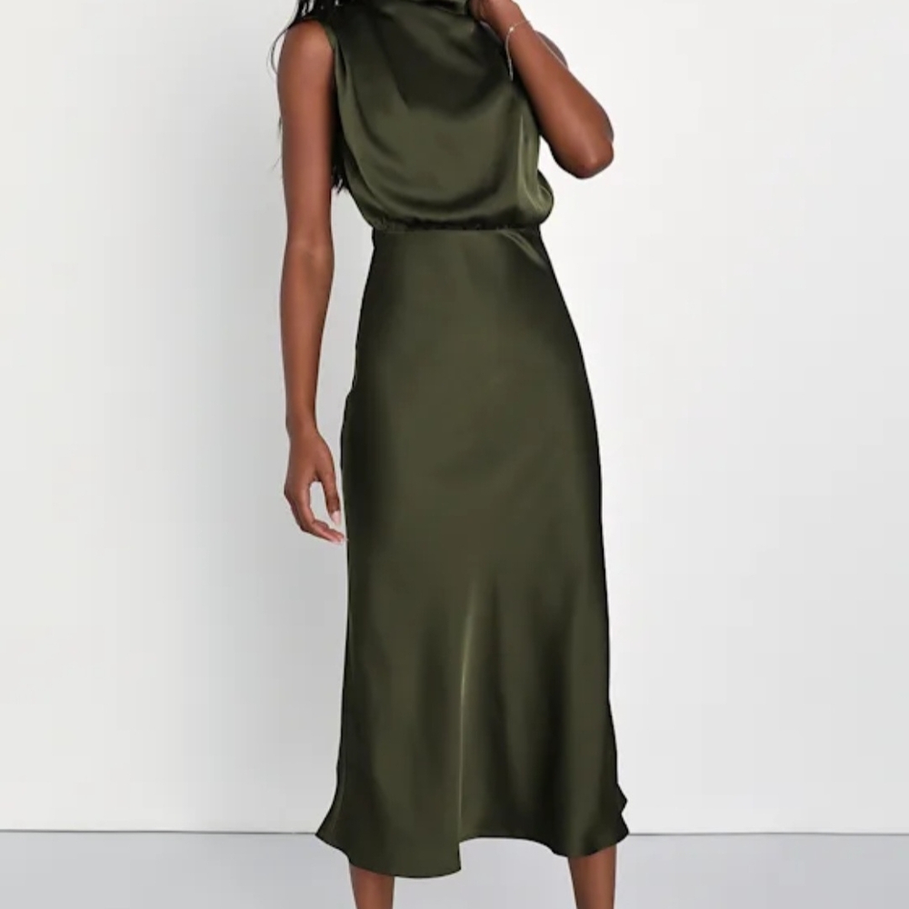 Elegant Olive Green Satin Dress
